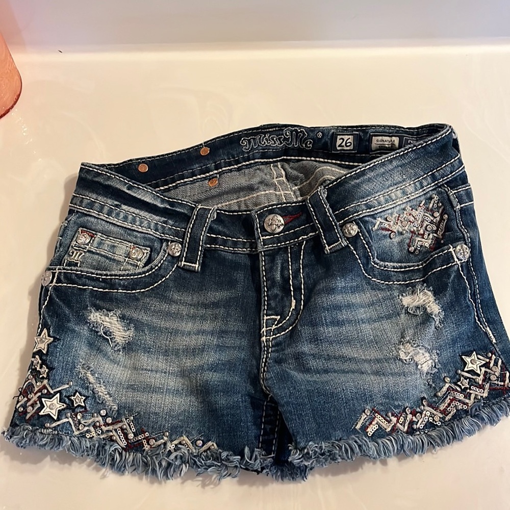 Miss Me Shorts red and white stitching with stars and sequins 26